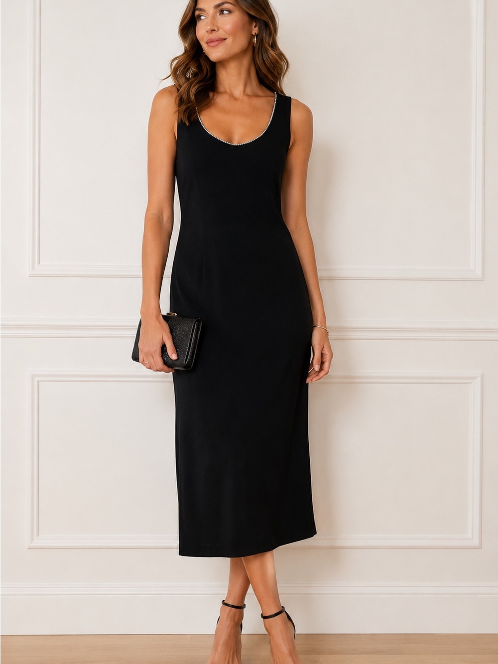 Onyx Nite Dress Womens 16 Crushed Velvet Rhinestone Neck Sleeveless Midi Evening